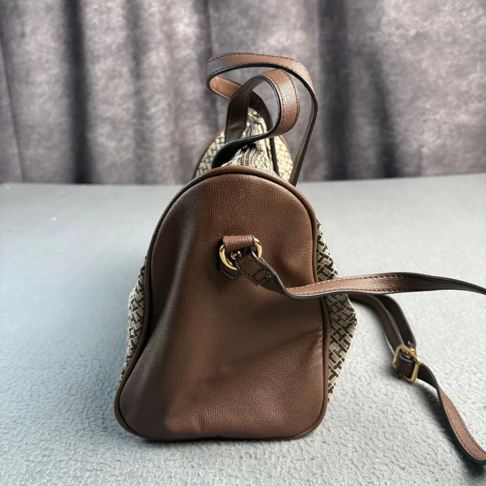 Tommy Hilfiger Monogram Jacquard Satchel Crossbody Bag Brown Tan Gold Tone